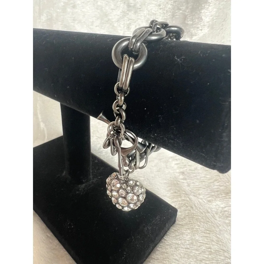 Fossil Charm‎ Bracelet Puffy Rhinestone Heart Black Gunmetal Chain Toggle 7.5
